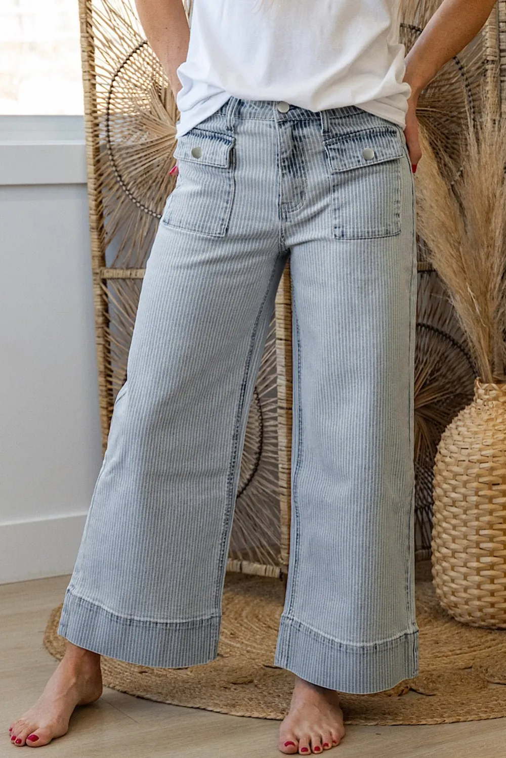 Striped Wide Leg Cuffed Hem Patch Pocket Casual Jeans