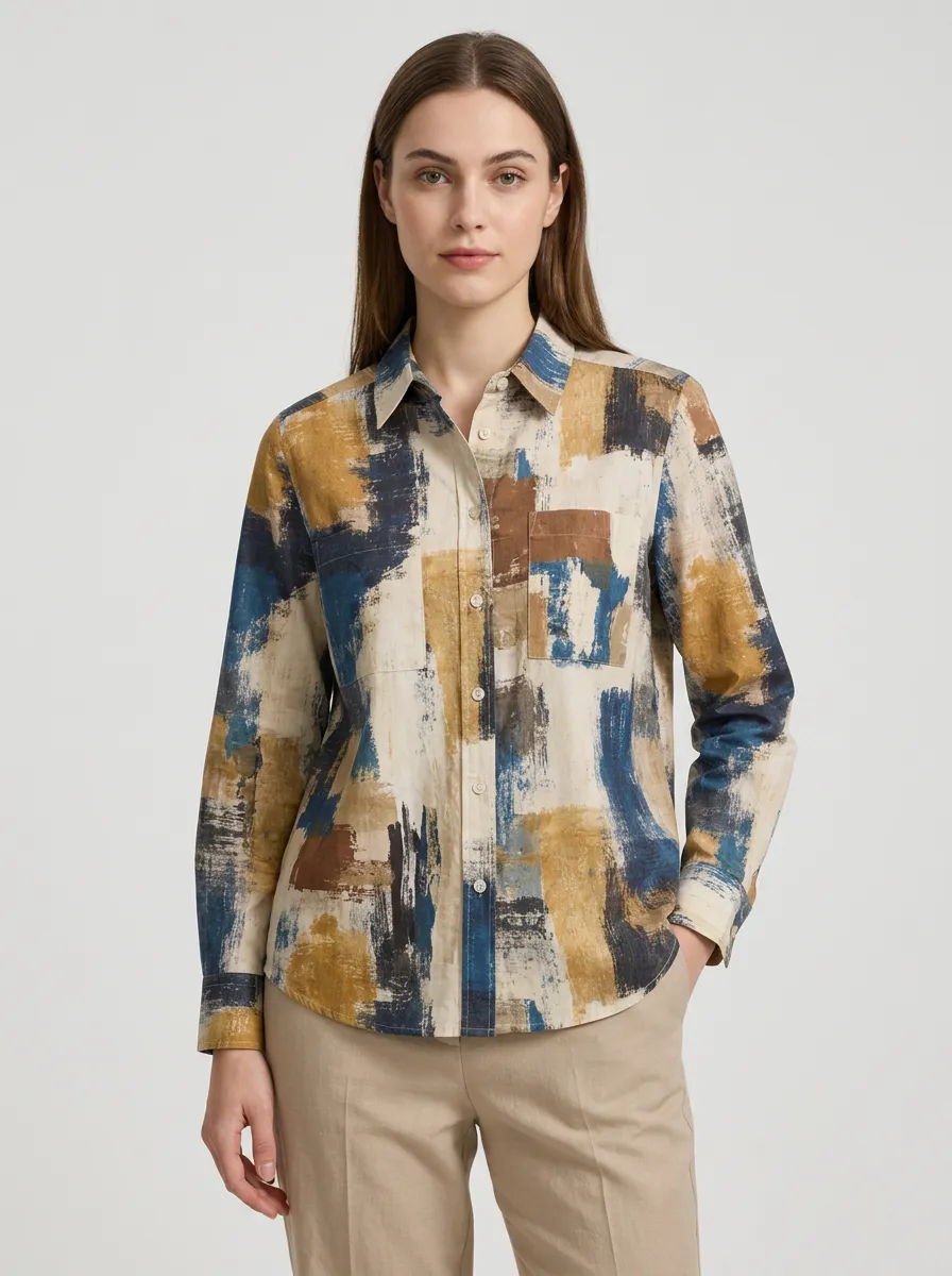 Women's Abstract Art Brushstroke Pattern Printed Button-Down Shirt