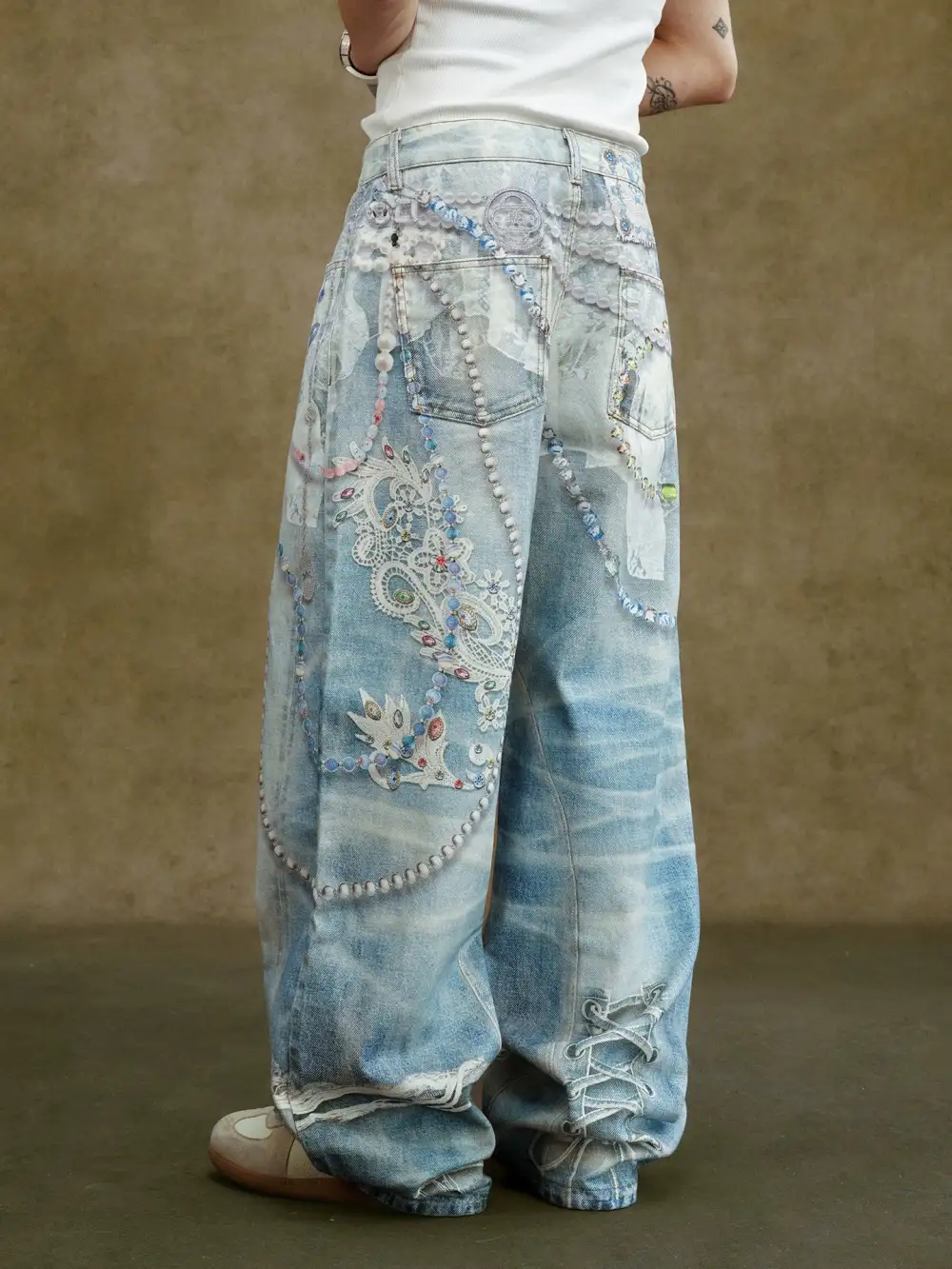Embellished Deconstructed Denim Jeans