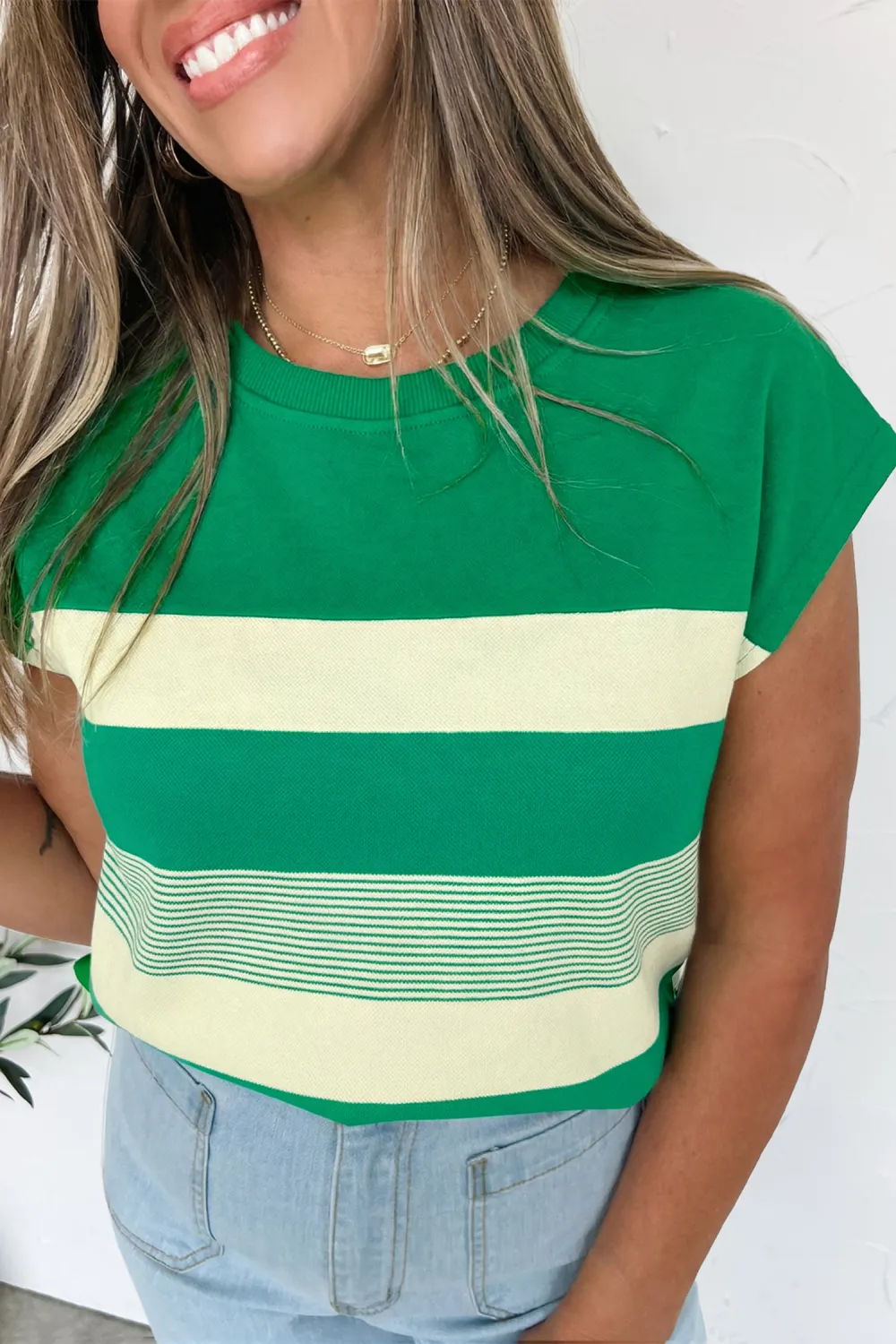 Green Stripe Mixed Print Crew Tee