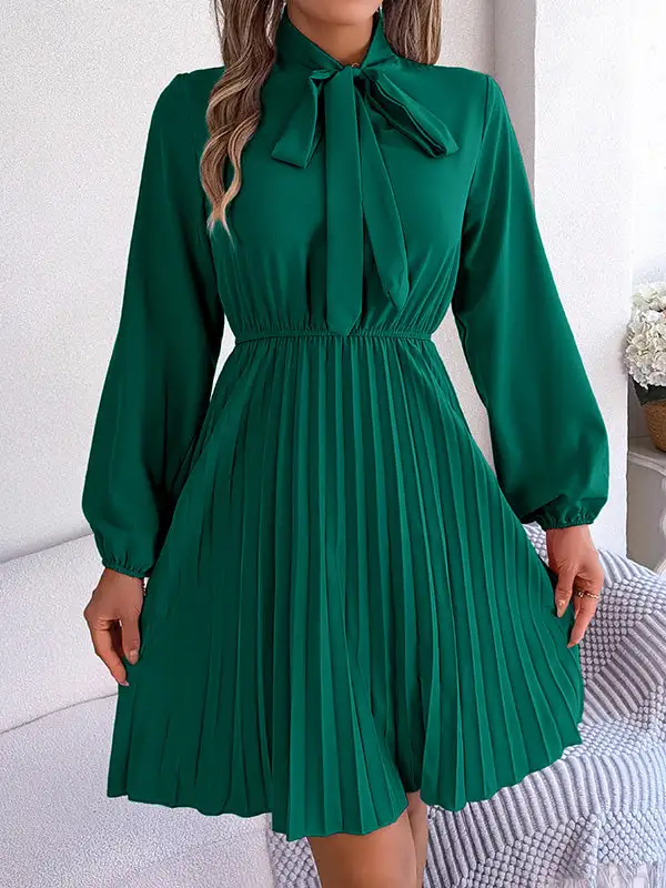 Long Sleeve Relaxed Pleated Solid Color Tied Mock Neck Mini Dress