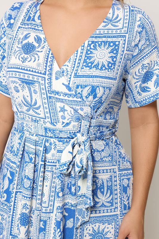 Blue Mixed Palm Tree Wrap Front Dress detail 3