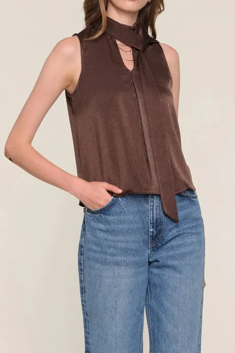 Women's Brown Scarf Neck Sleeveless Blouse