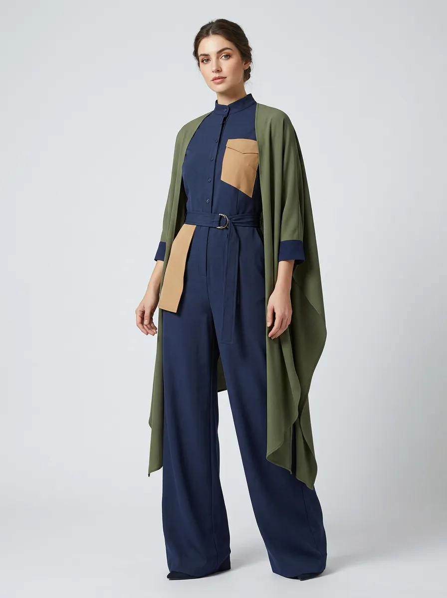 Women's Casual Chic Navy Olive Contrast Color Blocked Belted Jumpsuit