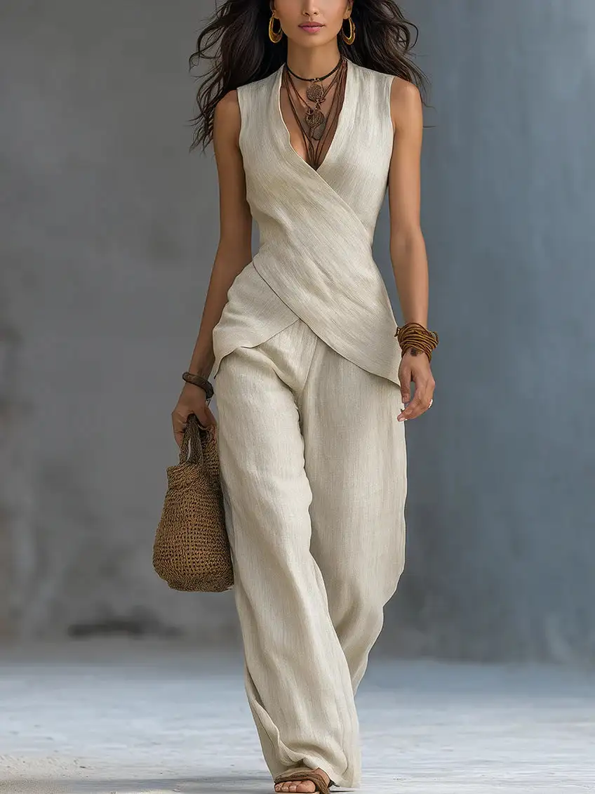 V-Neck Denim Knit Women's Lounge Set
