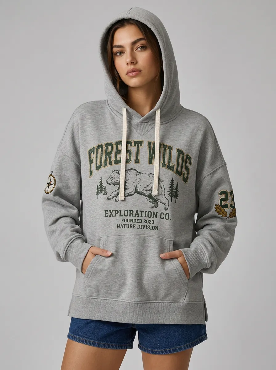 Women's Nature Lover Forest Bear Exploration Printed Hoodie