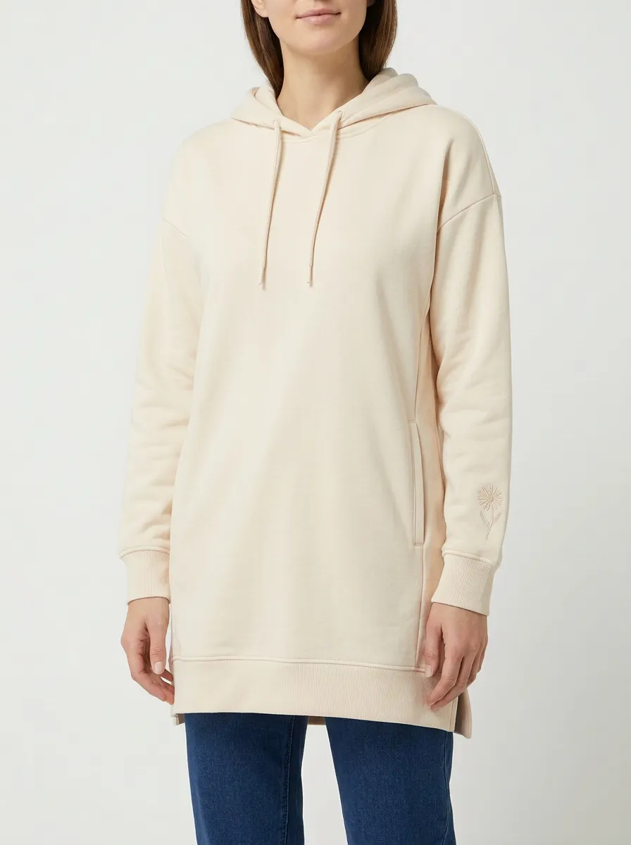 Women's Floral-Sleeve Embroidered Tunic-Length Side-Slit Hoodie