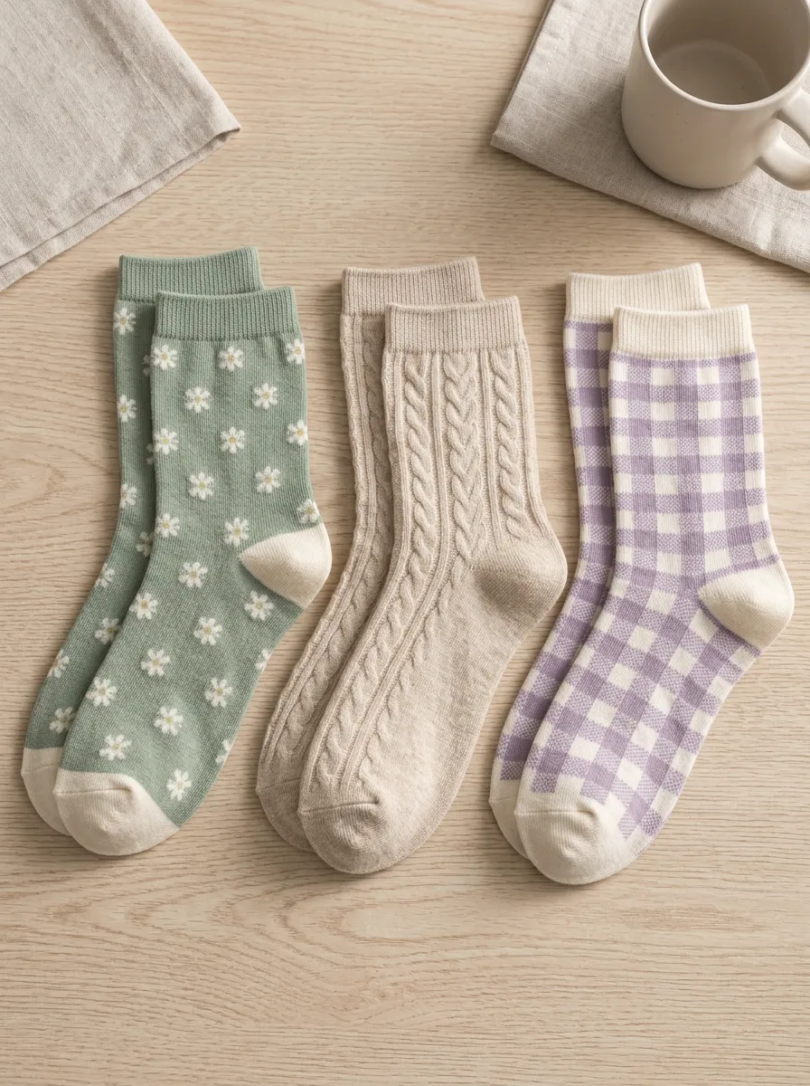 Women's Daisy Cable Knit Gingham Printed Socks Set