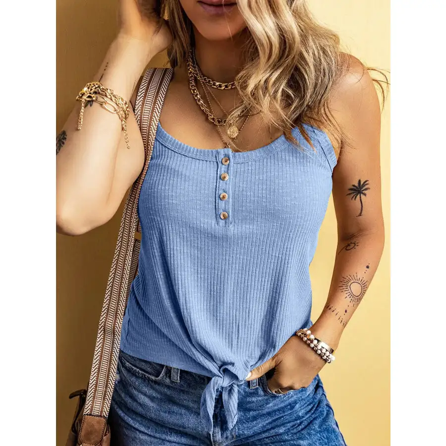 Full Size Ribbed Button Front Tie Hem