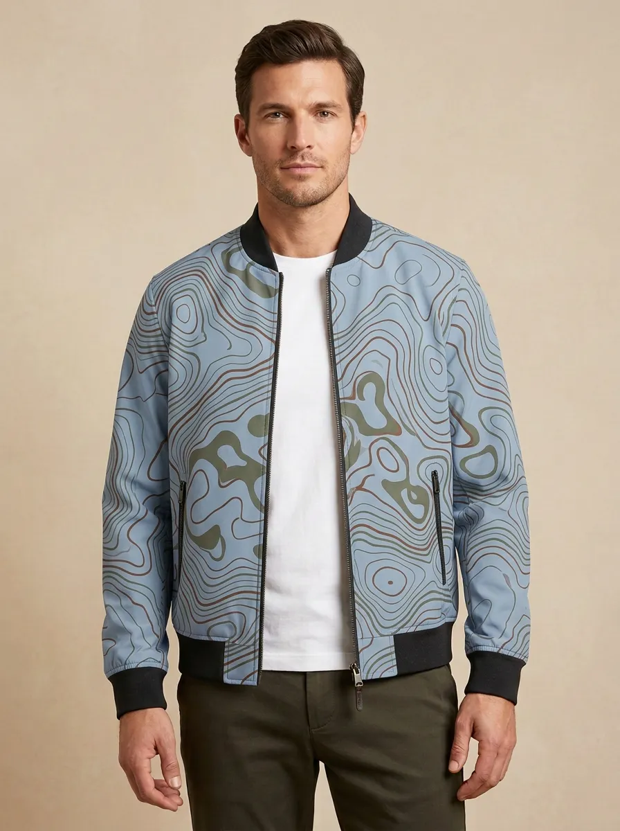 Topographic Print Ribbed Trim Sleeve Detail Bomber Jacket
