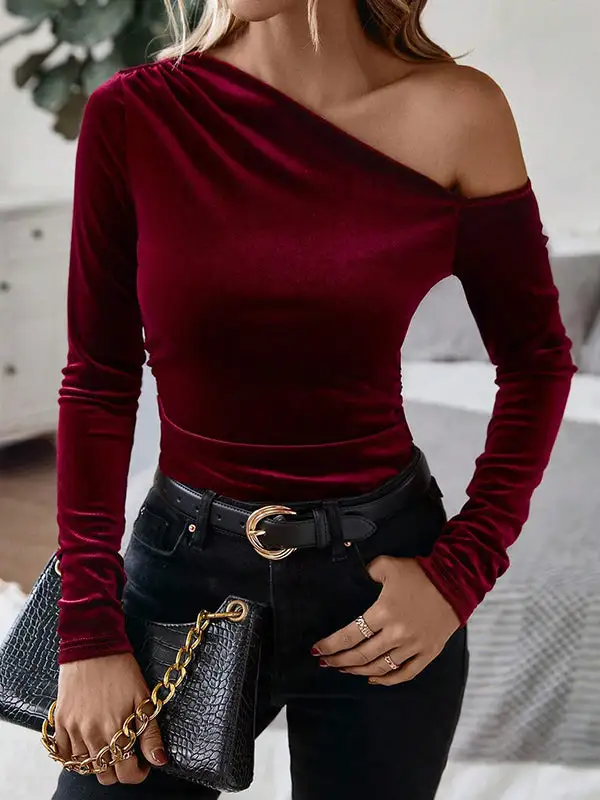 Long Sleeve Slim Fit Asymmetric Pleat Detail Velvet One Shoulder T-Shirt