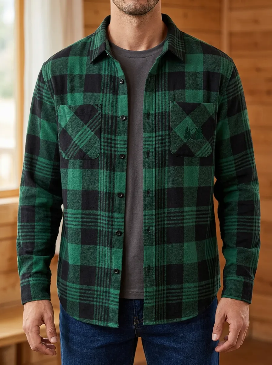 Mountain Forest Plaid Flap Pocket Shirt