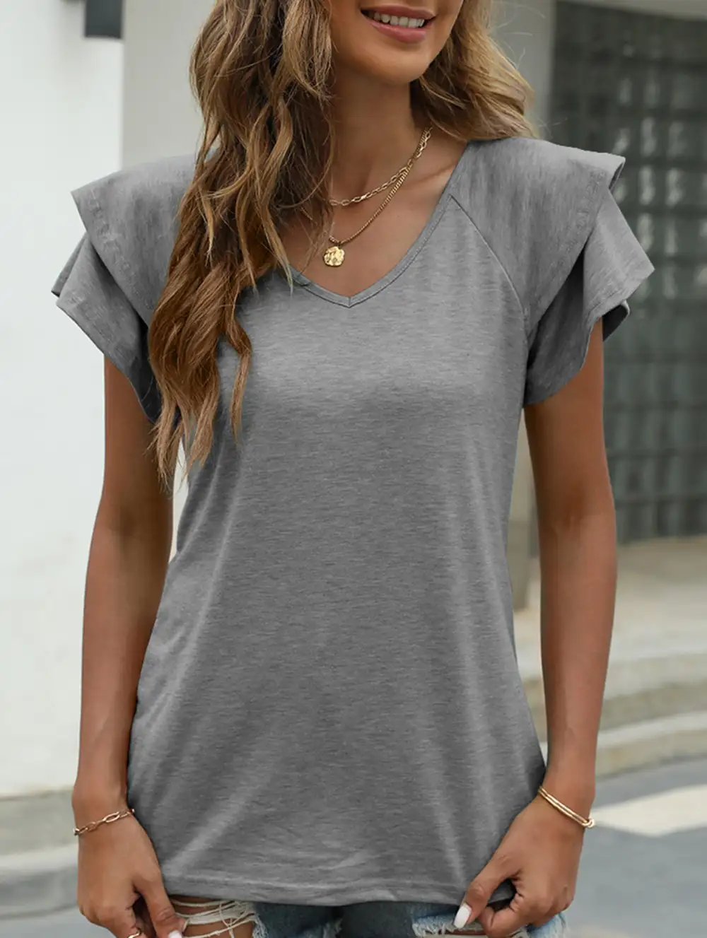 V Neck Double Layer Ruffle Sleeve Tank Top