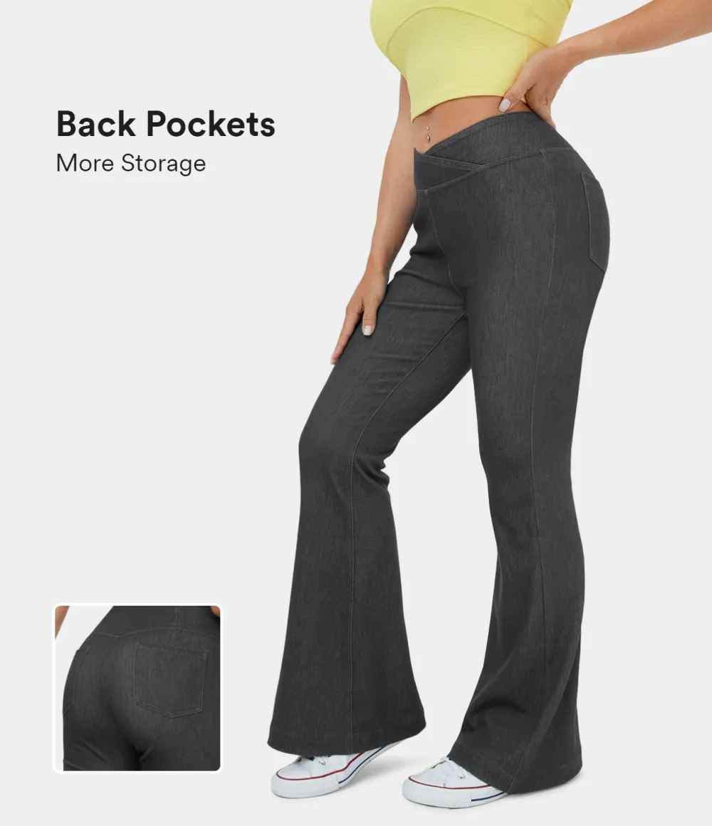 Magic High Waisted Crossover Back Pocket Stretchy Knit Casual Flare Jeans