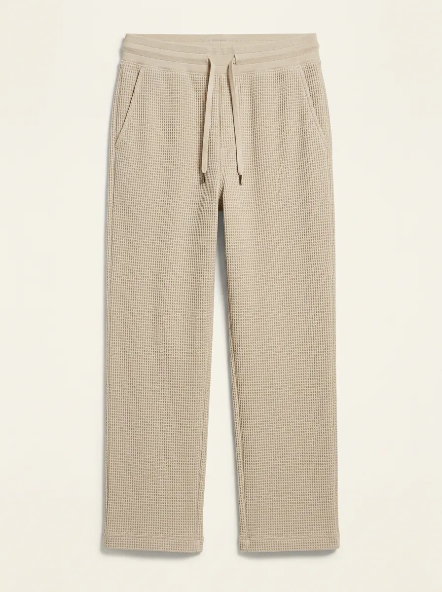 Casual Beige Waffle Knit Drawstring Jogger Pants for Unisex Wear