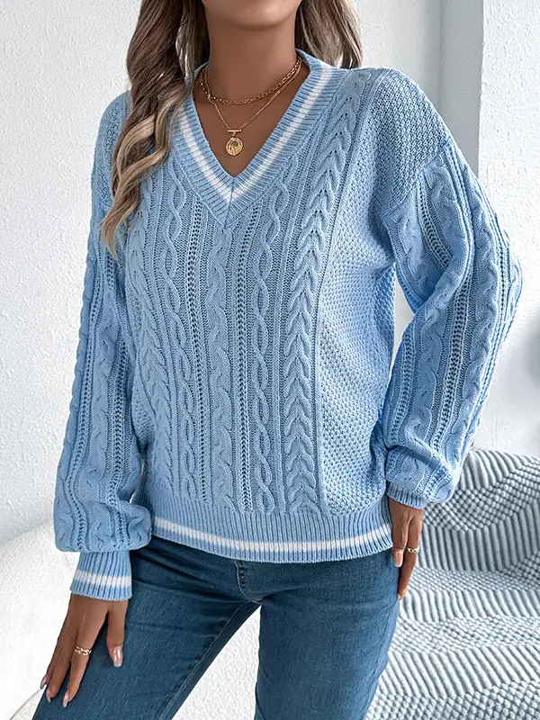 Cable Knit Paneled V-Neck Puff Sleeve Long Sleeve Knit Top