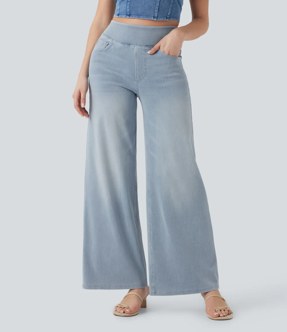 2026🔥  High Waisted Multiple Pockets Baggy Wide Leg Washed Stretchy Knit Casual Jeans