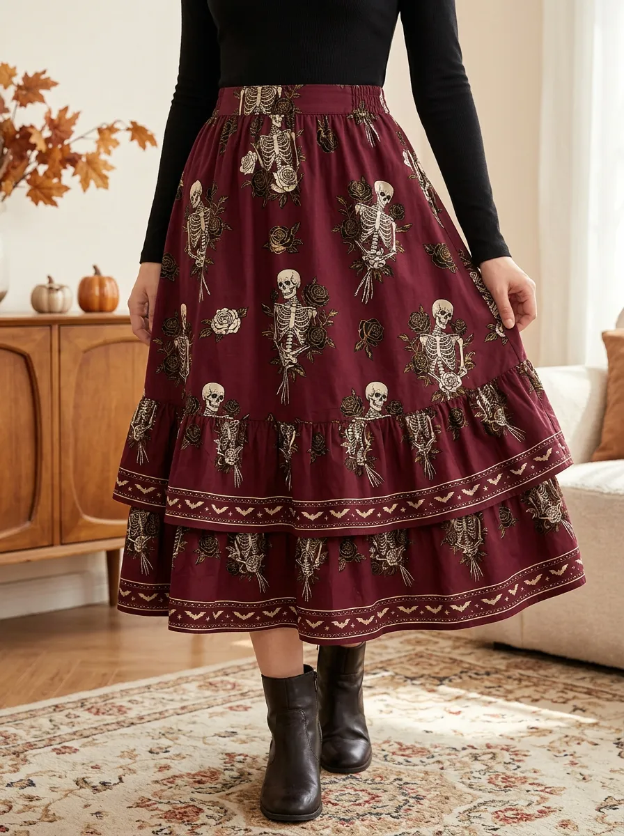 Women's Halloween Skeleton Rose Printed Tiered Midi Skirt