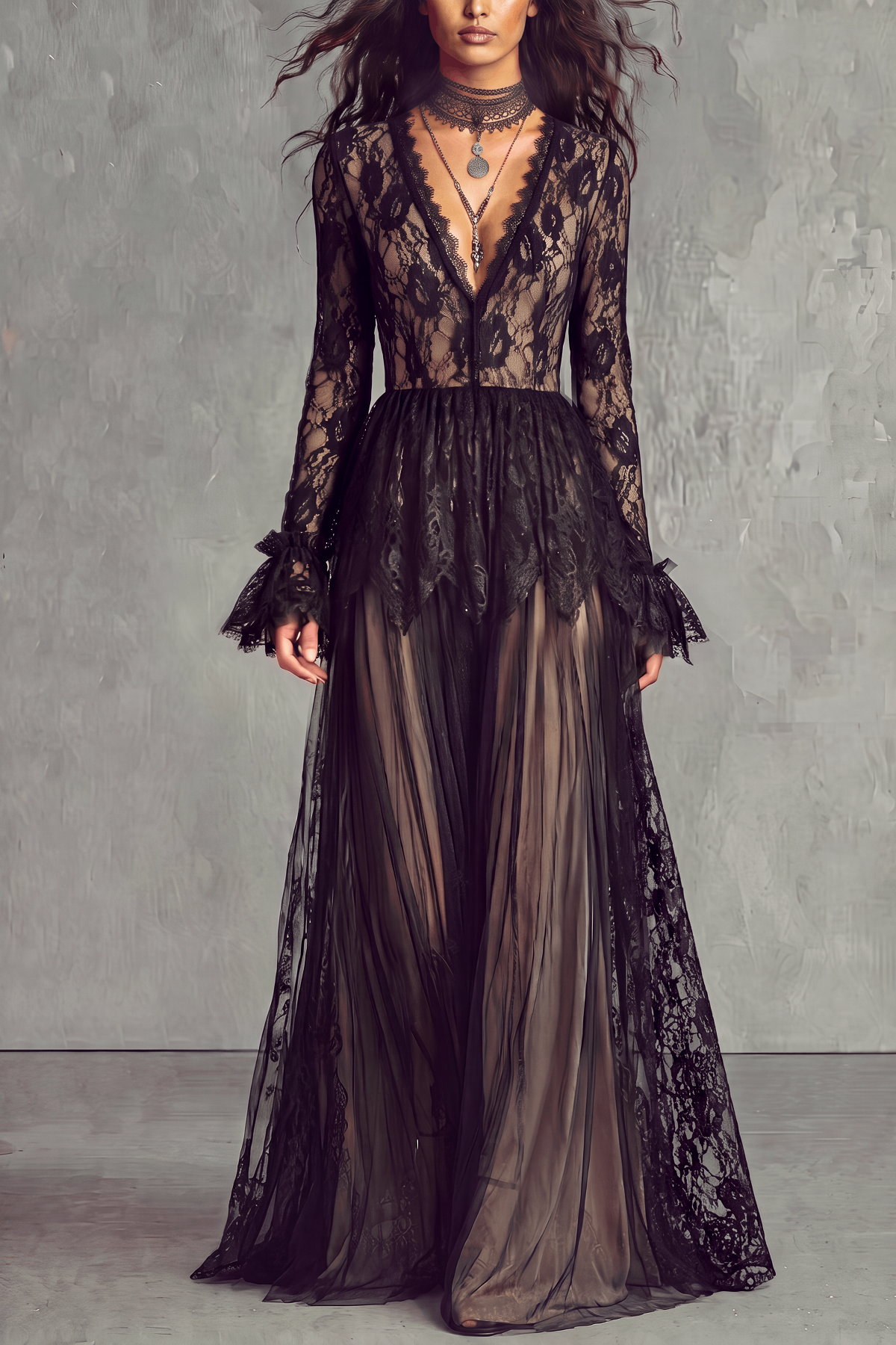 Plunge Neck Lace Maxi Dress