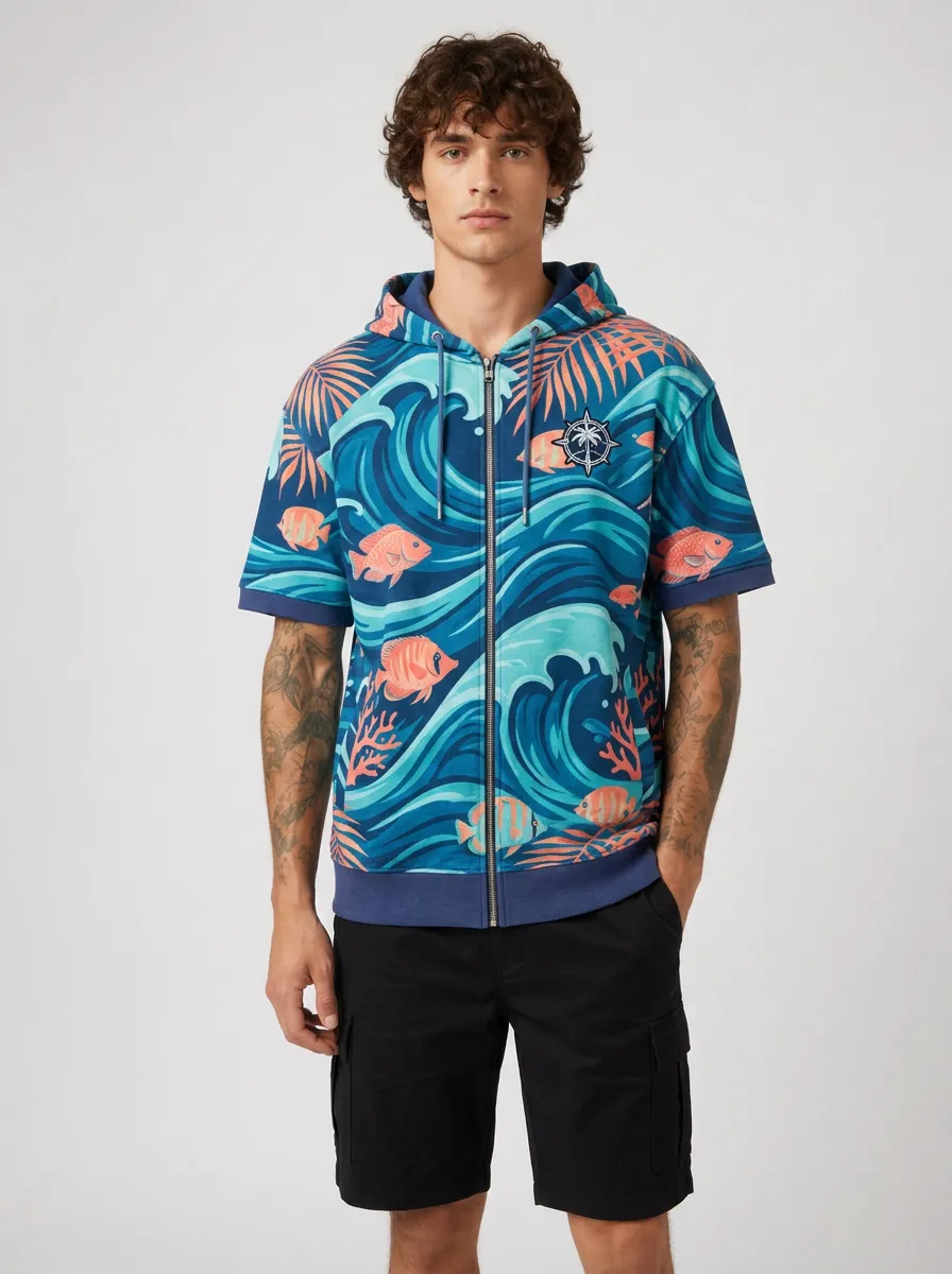 Men's Tropical Ocean Fish Wave Printed Short Sleeve Zip Hoodie