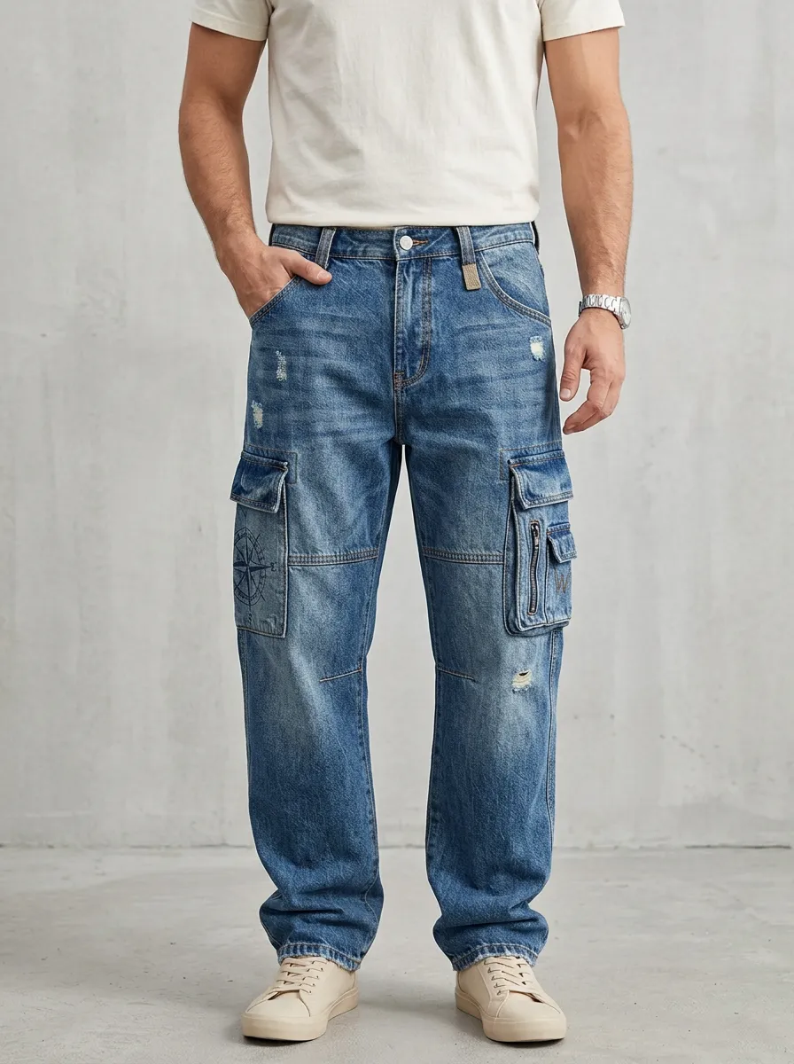 Men's Vintage Compass Print Distressed Denim Cargo Jeans