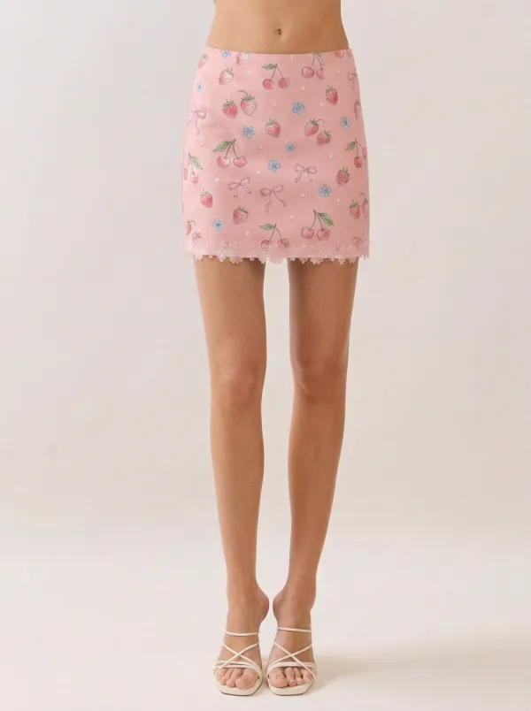 Women's Cottagecore Strawberry Cherry Bow Printed Lace Trim Mini Skirt