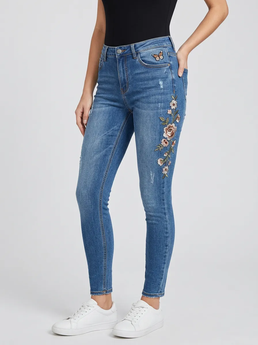 Women's Atlas Floral Butterfly Nature Embroidered Printed Slim Jeans