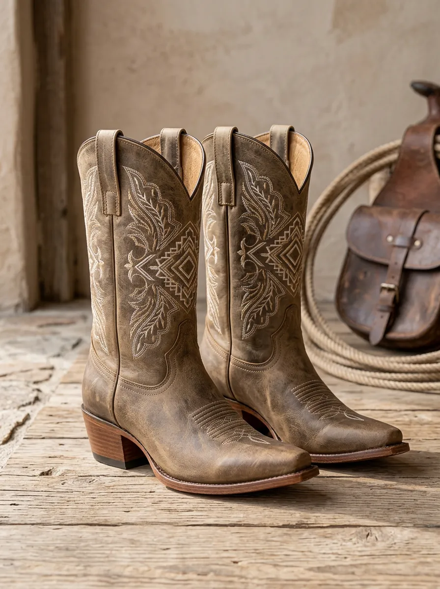Unisex Artisan Western Cowboy Embroidered Distressed Leather Boots