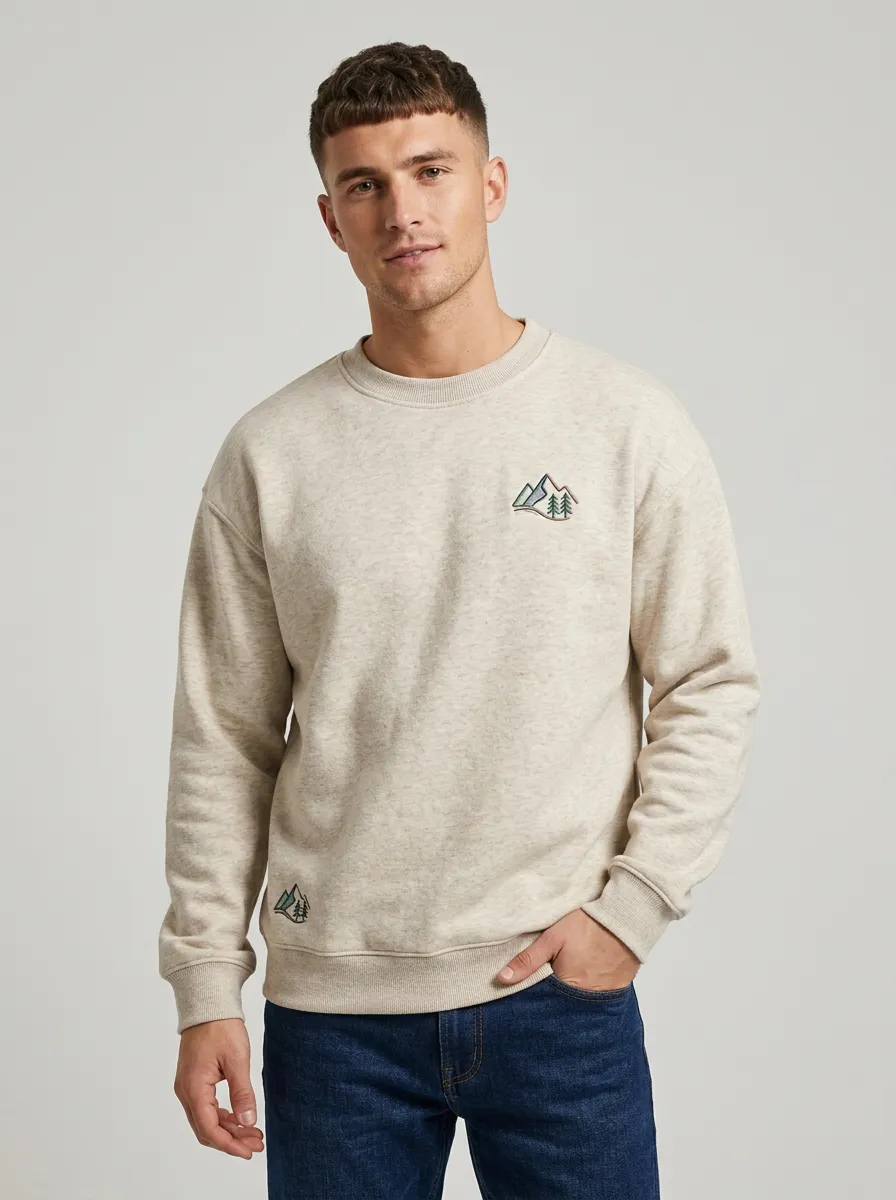 Men's Beige Outdoor Mountain Pine Tree Fleece Sweatshirt