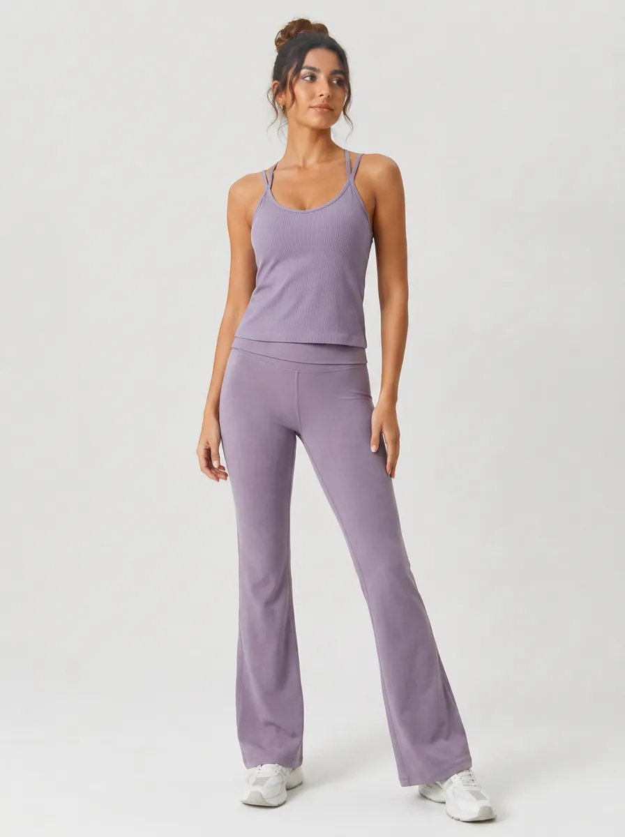 Women's Yoga Fitness Purple Ribbed Tank Flare Leggings Set