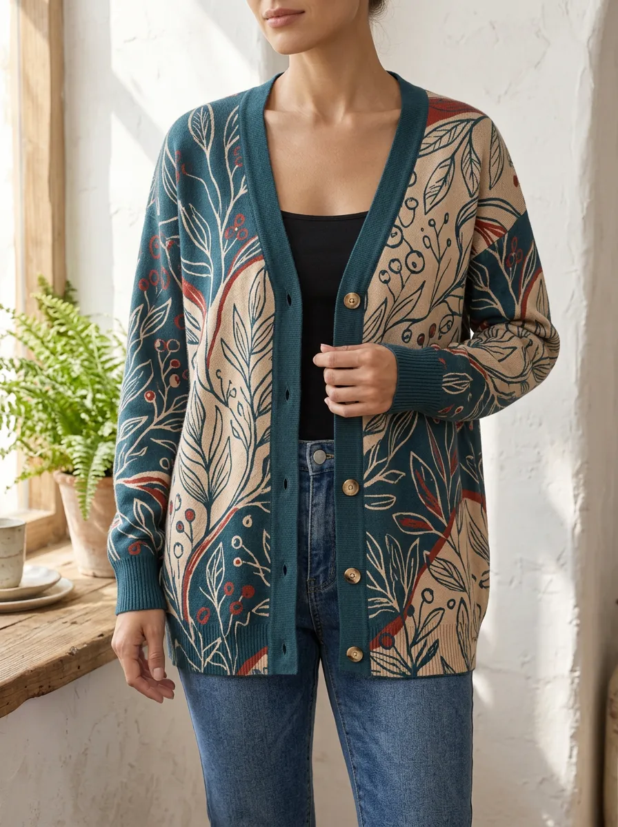 Women's Botanical Nature Lover Floral Leaves Printed Button Front Casual Layering Cardigan
