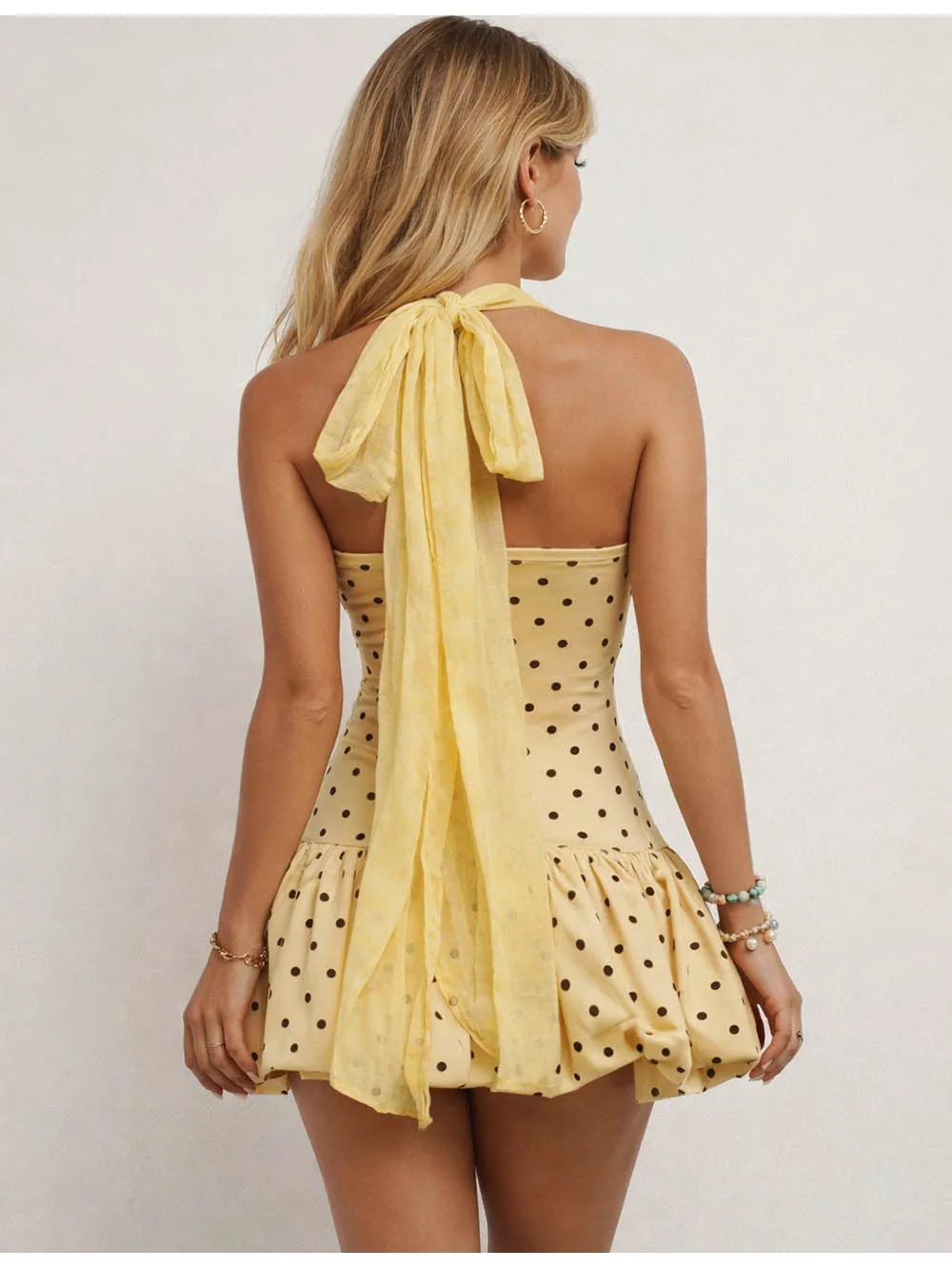 Polka Dot Halter Back Mesh Strap Puff Mini Dress