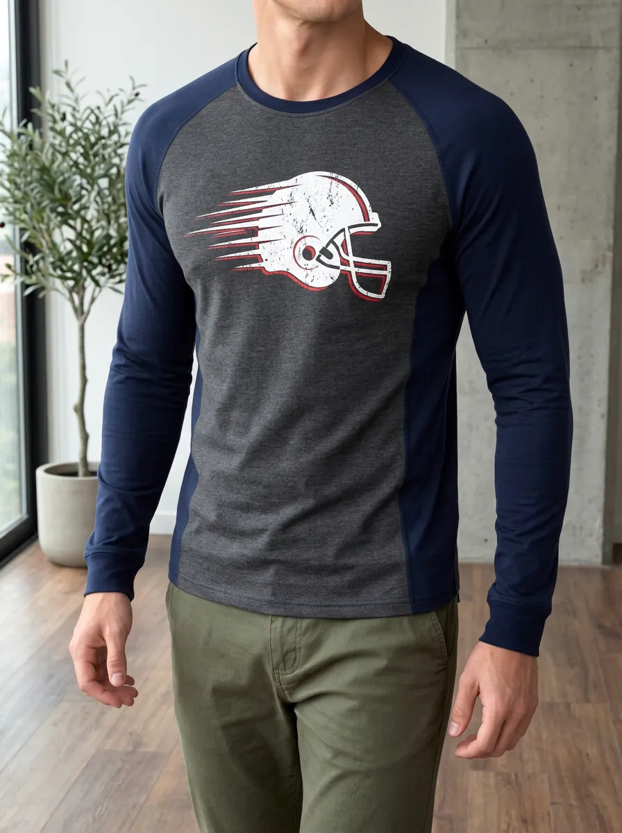 Men's American Football Fan Speed Helmet Printed Raglan Long Sleeve Shirt