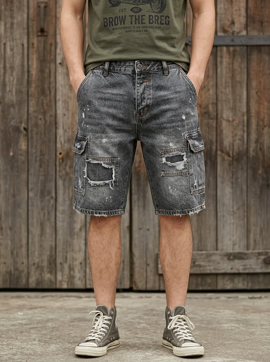 Men's Denim Cargo Pocket Cargo Denim Shorts