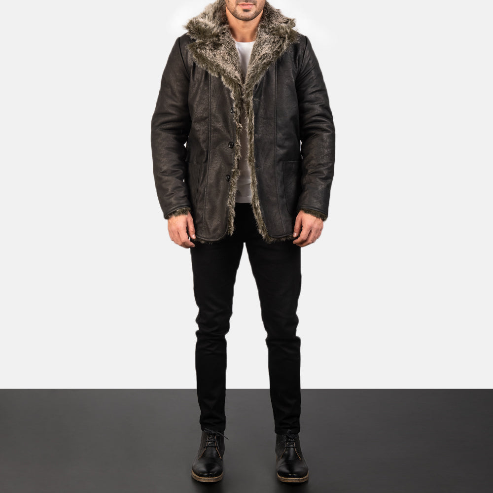 Men's Rugged Leather Fur Trim Coat