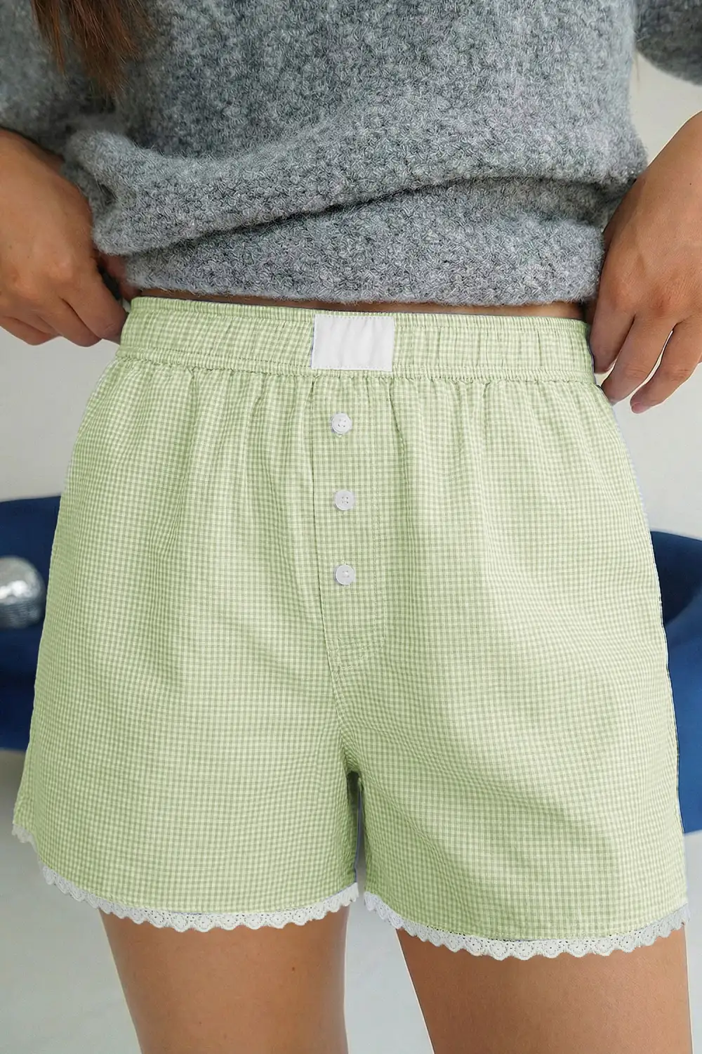 Elastic-Waist Lace-Trim Button-Detail Plaid Casual Shorts