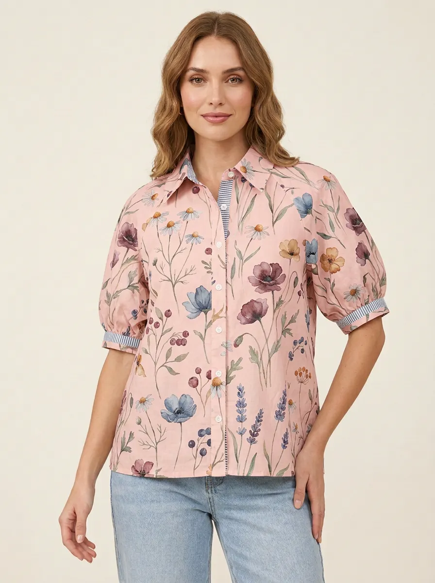 Women's Botanical Garden Wildflower Graphic Puff Sleeve Shirt