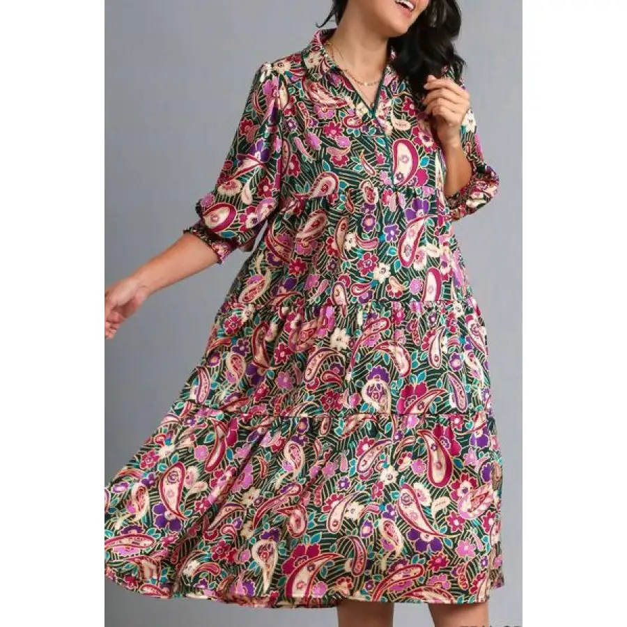 Full Size Paisley Satin Tiered Midi Dress Plus Size