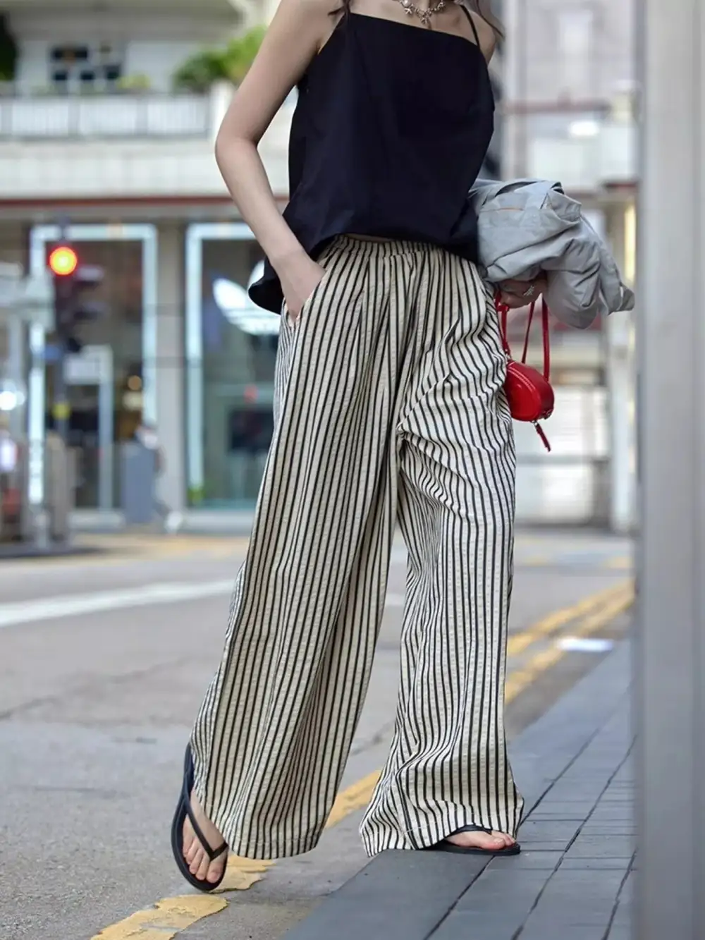 Wide Leg Drawstring Striped Pocketed Pants