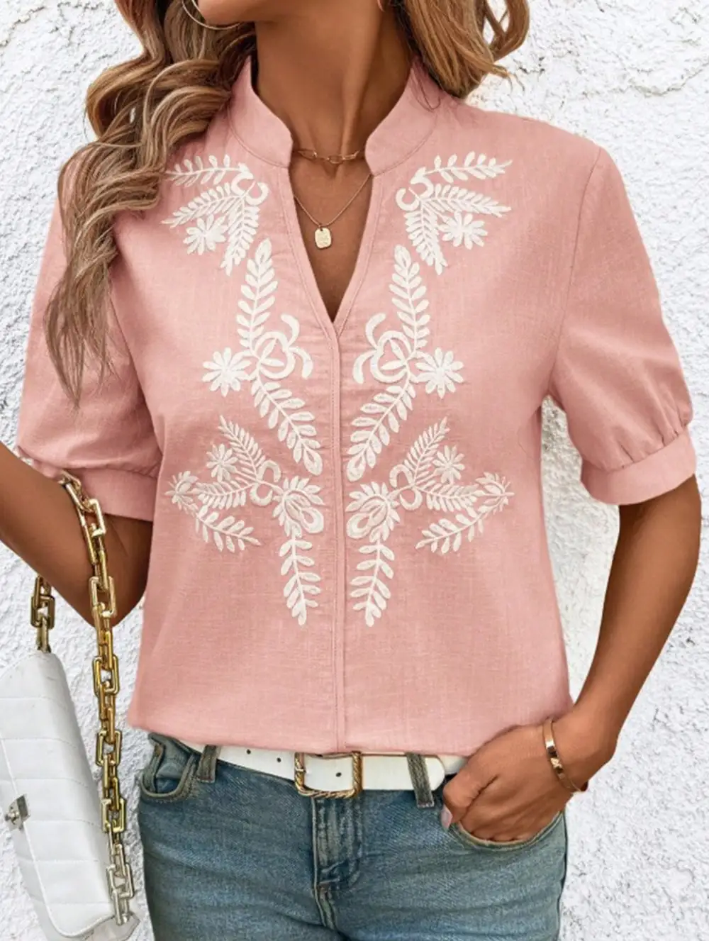 Everyday V Neck Embroidered Blouse