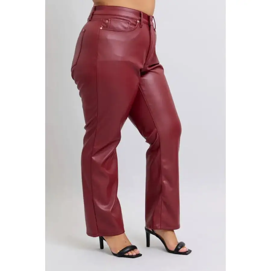 Full Size High Waist Tummy Control Faux Leather Straight Pants Plus Size