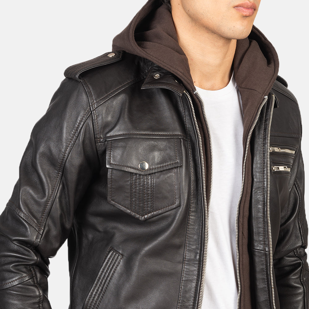 Men's Rugged Bomber Hooded Leather Jacket