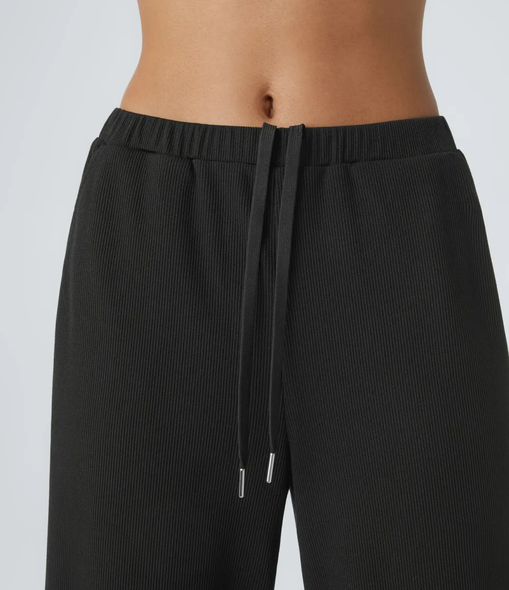 Ribbed Mid Low Rise Inside Drawstring Multiple Pockets Wide Leg Casual Pants