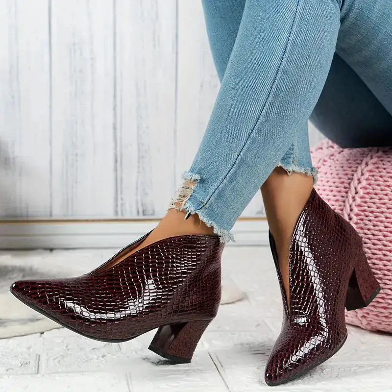 Textured Ankle Boots Curved Cut Mid Block Heel