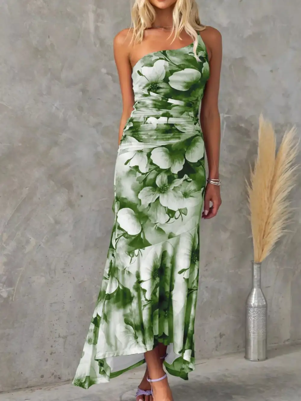 Casual Floral Print One Shoulder Ruched Maxi Dress