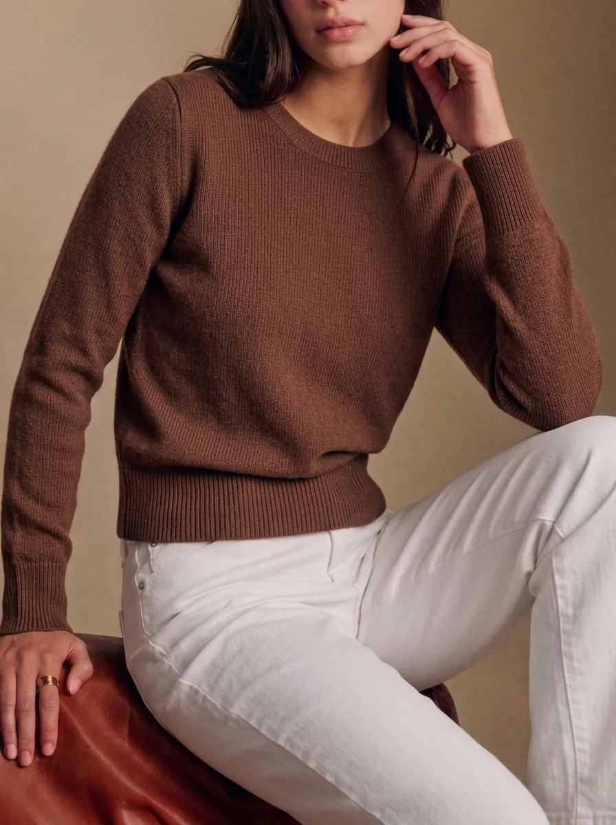 Women's Minimalist Brown Solid Color Ribbed Crewneck Sweater