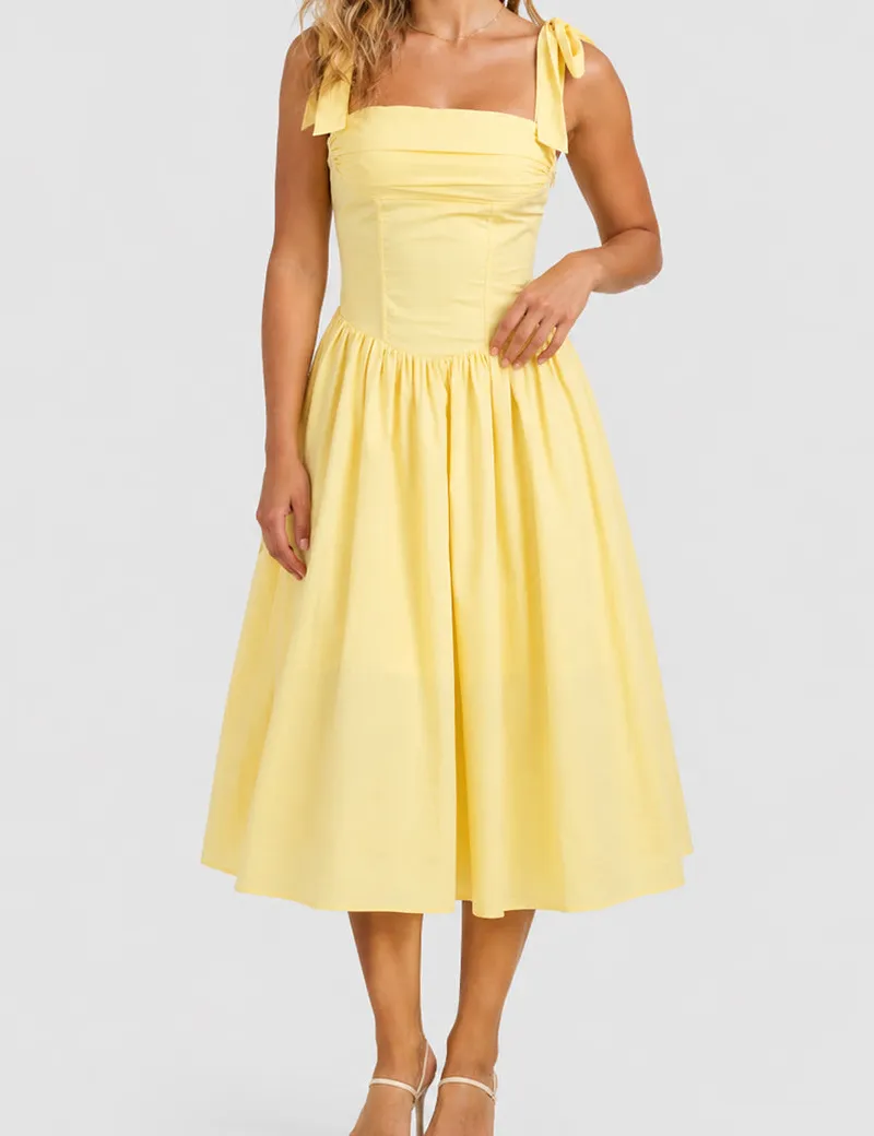 Elegant Square Neck Strap Shoulder Midi Dress