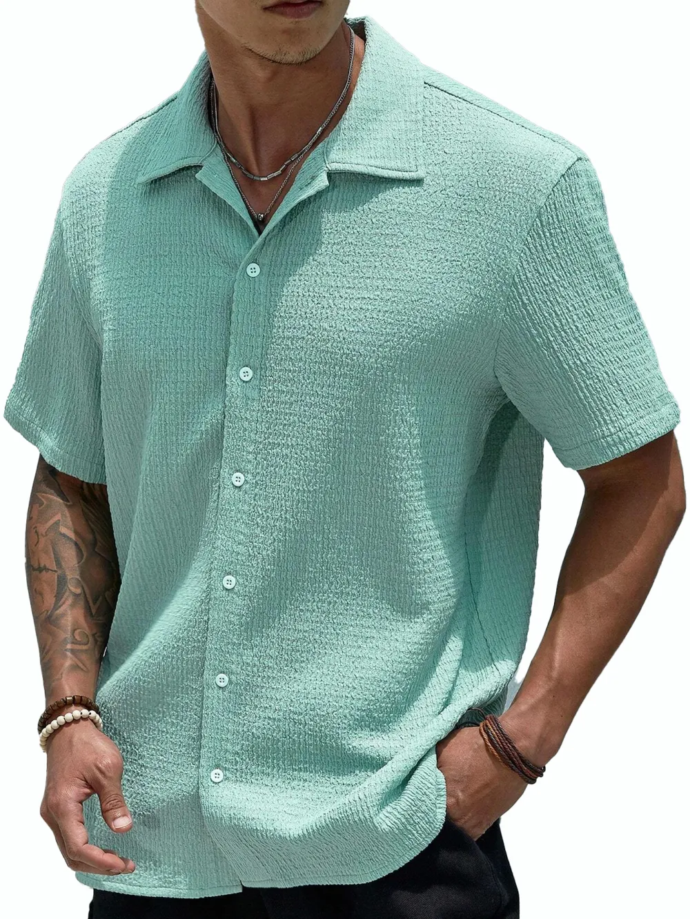 Short Sleeve Open Collar Pleated Front Shirt