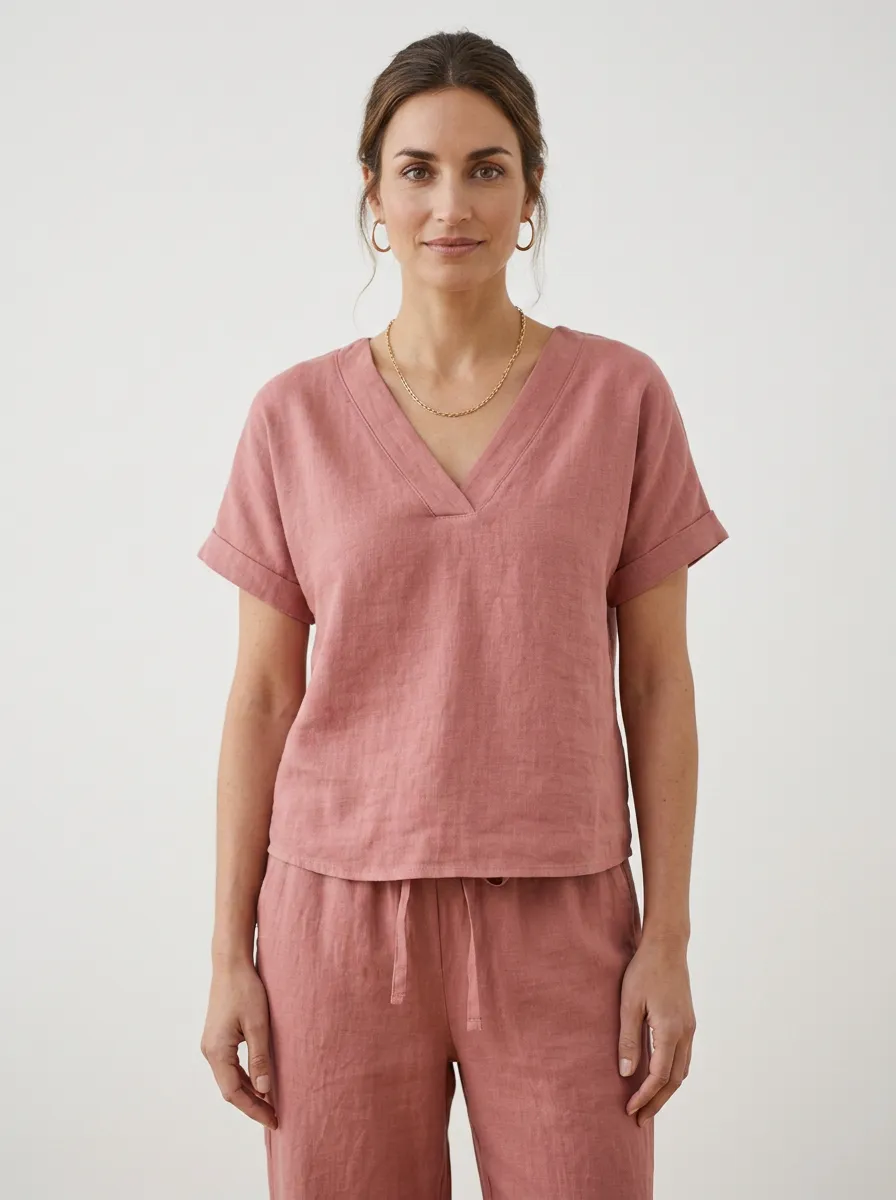 Everyday Short-Sleeve Cuffed-Sleeve Women's V-Neck Shirt