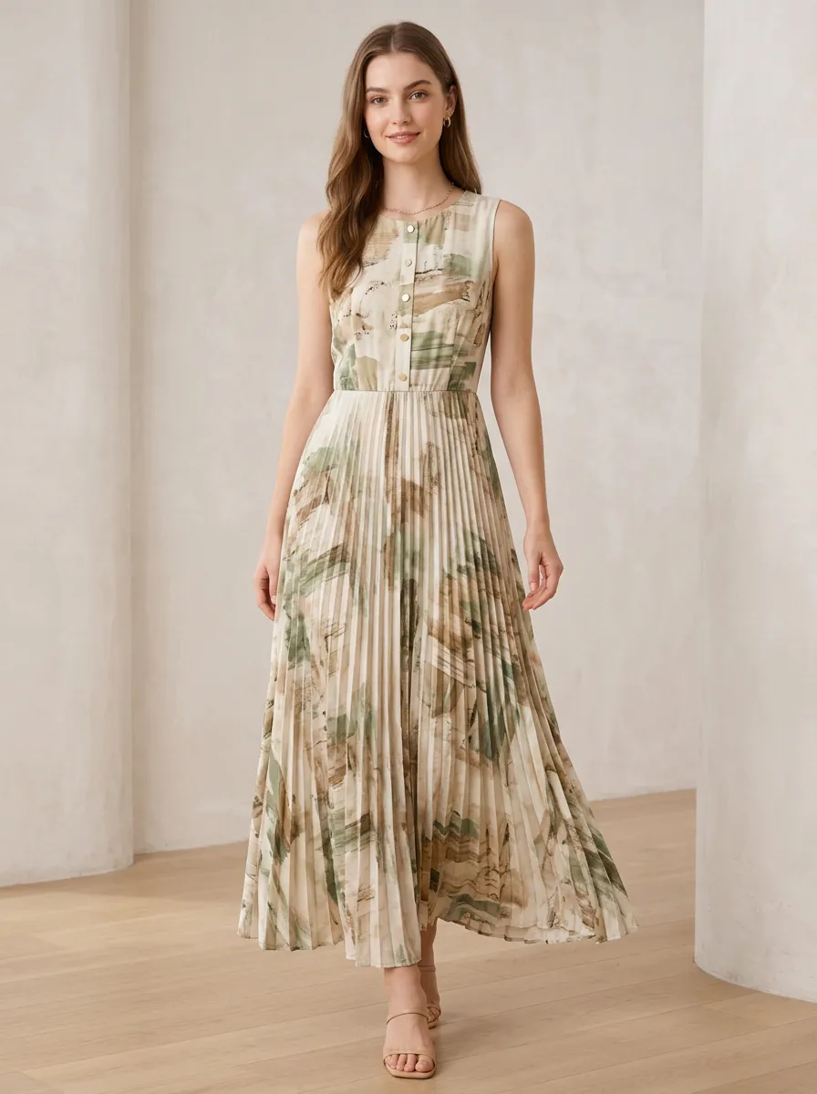 Women's Abstract Green Beige Brushstroke Printed Pleated Maxi Dress